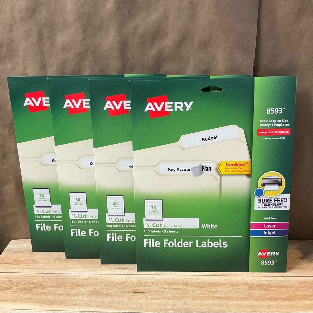 4 X Avery File Folder Labels 8593 1/3 Cut 2/3” X 3 7/16” White 150 Laser Inkjet